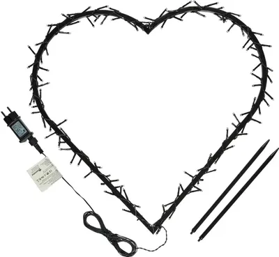 A heart-shaped string of lights with a power adapter and two stakes.