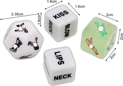 Four dice are shown, with dimensions indicated by arrows and measurements.