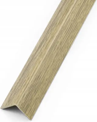 A single PVC corner profile with a wood grain texture, presented diagonally against a white background.