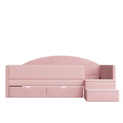 Produktbild von Flieks Polsterbett 90x190cm mit 2 Schubladen, Kinderbett Schlafsofa mit Treppe, Kinder Hochbett mit Rausfallschutz, Samt, Rosa