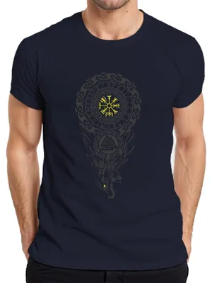 Zdjęcie produktu dla Koszulka męska Viking Vegvísir Valknut Fenriswolf Norse Runes Valhalla, Granatowy, XL