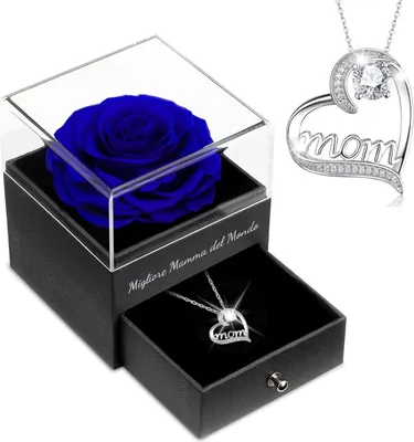 Image de Rose éternelle avec collier maman - Boîte cadeau bleue Infinity Rose