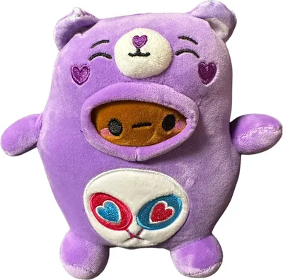 A plush toy of a bear character wearing a costume.