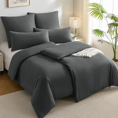 Productafbeelding van Ibenzoa® 4-delige beddengoedset – 2x dekbedovertrekken van 135x200 cm & 2x kussenslopen van 40x80 cm, 100% gewassen katoen, met rits, donkergrijs