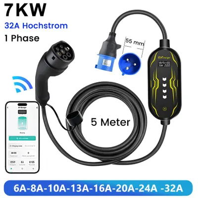 Image de Câble de recharge portable pour véhicules électriques, puissance 7 kW, 6-32A, monophasé, 5 mètres, avec Wi-Fi et Bluetooth, contrôle via application pour adaptateur CEE, écran LCD
