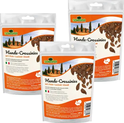Produktbild von 3 x 100g Schecker Hunde Crossinies nur aus 3 Zutaten 90 % Ente + Lachsöl +Eiweiß kross