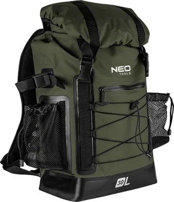 A dark green backpack with black accents and straps, shown against a white background.