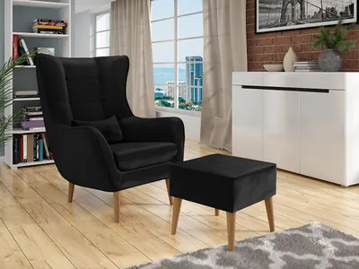 Obrázok produktu pre Dizajnové kreslo ušiak s taburetkou LEVI - čierne