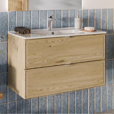Produktbild von Badezimmer Waschtisch mit 80 cm Breite in Eiche, 2 Schubladen & Keramikwaschbecken - TEMUCO-56-CREMONA