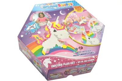 A hexagonal box for a craft toy set, featuring a unicorn design.