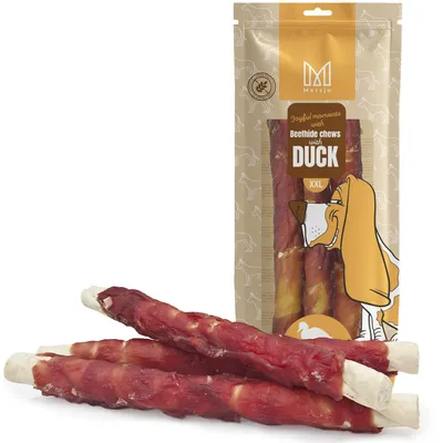 Produktbild von XXL 25cm Kauknochen aus Rinderhaut mit Entenbrust, Hundeleckerli, Mersjo, 240g