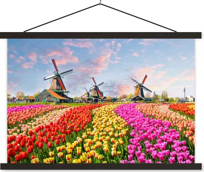 Produktbild von MuchoWow® Textilposter Windmühle - Blumen - Zaanstad 60x40 cm mit schwarzem Rahmen - Hölzernes