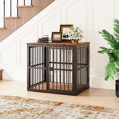 Image de Cage pour chien de 68,4 x 53 x 61 cm, meuble de couleur noire et marron, avec 3 portes. Table d'appoint étanche