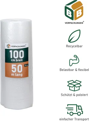 Produktbild von 1 x Luftpolsterfolie (1,0 x 50 m) 3-lagig 75 my Schutzfolie Noppen Versandfolie Polster Verpacken Knallfolie Transport BB-Verpackungen