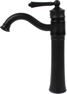 A black bathroom faucet against a white background.