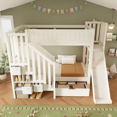 Produktbild von Kinder Etagenbett 90×200 cm | Weiß mit Rutsche, Leiterschrank, großen Schubladen & offenem Regal, Lattenrost, EN747‑1:2024 Sicherheit, ohne Matratze