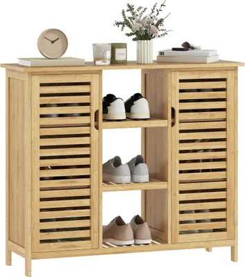 Image de Armoire à chaussures - 2 portes en bambou - portes à lamelles - étagères et compartiments ouverts - pour 9 paires - 100x33x86 cm - Naturel