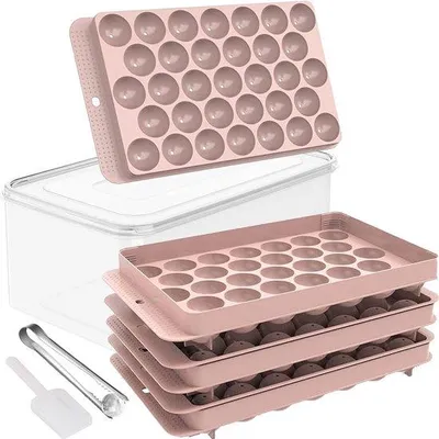 Immagine prodotto di Stampi per cubetti di ghiaccio in silicone, set da 3, stampi con coperchio, 99 cubetti di ghiaccio rotondi, con stampi, macchina per il ghiaccio e paletta