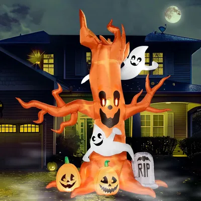 Obrázek produktu pro Nafukovací dekorace na Halloween – strašidelný strom – výška 2,44 m – s motivem ducha – integrované LED osvětlení – vyrobeno z PVC – vhodné do zahrady