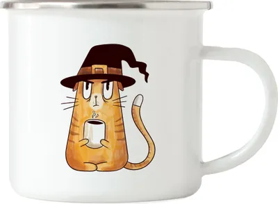 Produktbild von Katzen Hexe Emaille Tasse Halloween Catlover Katzenliebhaber Witch Magic Kaffetasse Coffecup Mug Kitty Trick or Treat