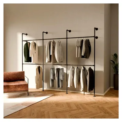 Produktbild von Kleiderstange zur Wandmontage 296 x 222 cm - Offener Kleiderständer aus Metall in Schwarz mit Wasserrohren - Traglast 460 kg