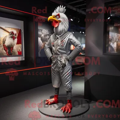 Image de Costume mascotte REDBROKOLY de coq argenté habillé d un legging et de bretelles