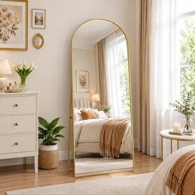 Produktbild von INONEFT HD-Ganzkörperspiegel 177 x 77 cm, Gewölbter Standspiegel mit Rahmen aus Aluminiumlegierung und Metallfuß, Gehärtetes Glas, Gold