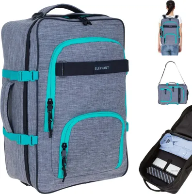 A collage of images showing a travel backpack and its features, including a person wearing it and an open compartment with clothing.