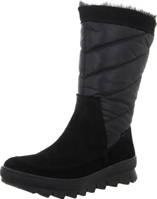A black winter boot is shown against a white background.