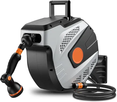 Obrázek produktu pro Box na hadicový naviják - Hadicový naviják - Automatický navíjecí systém - 15 metrů - Sprchová hlavice s 10 funkcemi - Šedá barva