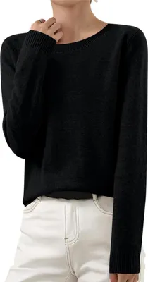 Produktbild von ASKSA Damen Strickpullover Elegant Einfarbig Strickpulli Duenne Feinstrick Winterpullover Stretch Warm Wollpullover Basic Rundhals Pulli,Schwarz,S