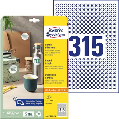 Produktbild von Avery Zweckform L6019REV-25 Etiketten in Sonderformaten, Ø 10 mm, 25 Blatt/7.875 Etiketten, weiß