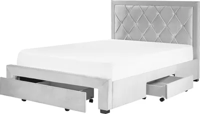 Produktbild von BELIANI Polsterbett Grau Samtstoff 3 Schubladen Lattenrost 140 x 200 cm mit Hohem Kopfteil im Chesterfield Stil Knopfheftung Glamourös Schlafzimmer