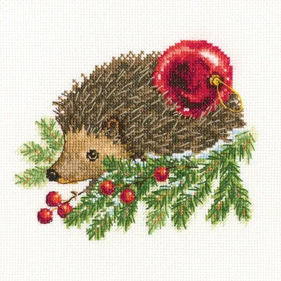 Image de Kit de broderie RTO Kreuzstich, "Un hérisson décore le sapin de Noël", modèle à points de croix, tissu Aida 14, dimensions : 15,5 x 13 cm