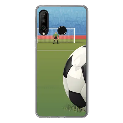 Produktbild von MuchoWow® Handyhülle Schutzhülle Hülle für Huawei P30 Lite Eine Illustration eines Fußballs auf dem Feld im Stadion - Jungen - Mädchen - Kinder Silikon Softcase Handy Hülle - Handyhülle