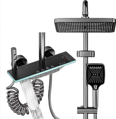 Zdjęcie produktu dla Bateria wannowo-prysznicowa – zestaw cyfrowego systemu prysznicowego – wyświetlacz LED – regulacja ciepłej i zimnej wody – regulacja wysokości 95–135 cm – mosiądz – kolor szary