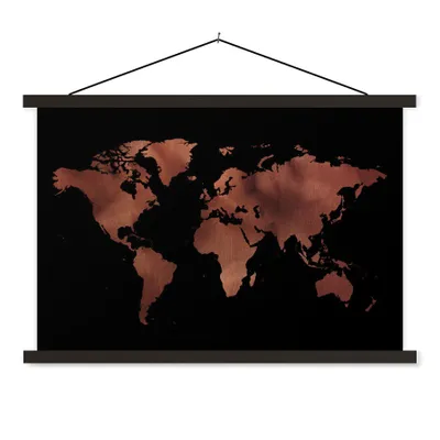 Produktbild von MuchoWow® Textilposter Weltkarte - Schwarz - Rot 60x40 cm mit schwarzem Rahmen - Hölzernes