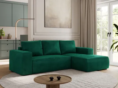 Produktbild von MKS MEBLE Sofa mit Schlaffunktion - Ecksofa mit Schlaffunktion und Bettkasten - Sofa 3 Sitzer - Schlafsofa - Couch - Schlafsofa mit Bettkasten - Trentino L - Dunkelgrün Velvet - Rechts