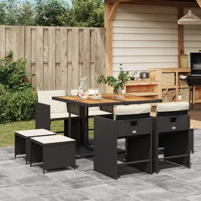 Produktbild von Design 9-tlg. Garten-Essgruppe mit Kissen Schwarz Poly Rattan, Gartenmöbel-Sets 2024 Neu