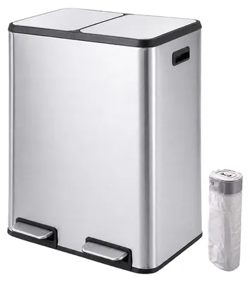 Immagine prodotto di Contenitore per rifiuti Relaxdays, 2 scomparti, 2 x 30 litri, contenitori interni estraibili, sistema di chiusura ammortizzata, pedale, acciaio inossidabile, cestino a pedale per la cucina, colore argento, Immagine generata dall'IA