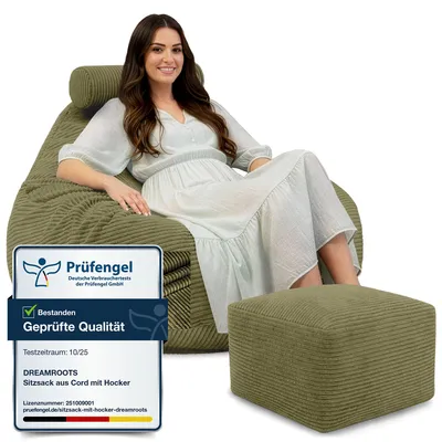 Immagine prodotto di Dreamroots Bean Bag 90x90x100 cm con schienale e sgabello e copertura cuscino da pavimento Bubibag beanbag con imbottitura, Dark Olive