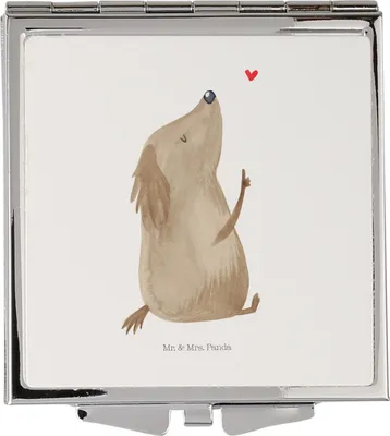Produktbild von Mr. & Mrs. Panda Reise Kosmetikspiegel Hund Liebe - Weiß - Geschenk, Herz, Hunde, Schminkspiegel, Mini Spiegel, klein, Sprüche, Taschenspiegel, klappbar