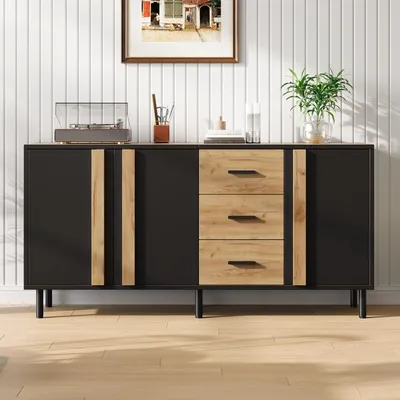Produktbild von Merax Sideboard Kommode mit 3 Türen und 3 Schubladen, Wohnzimmerschrank aus MDF, Beistellschrank mit 6 stabilen Metallbeinen, Stauraum, Schwarz