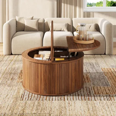 Produktbild von okwish Runder Couchtisc mit verstecktem Stauraum,Kaffeetisch höhenverstellbarer Tischplatte,Sofatisch MDF,Nussbaum