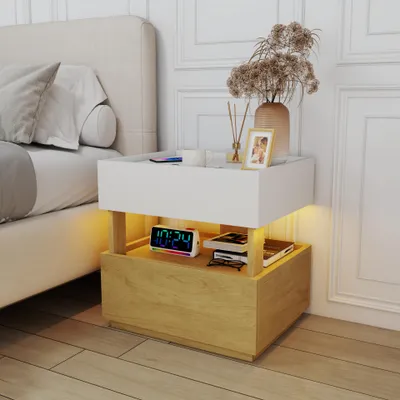 Produktbild von STILVORA Nachttisch im Industrial-Stil mit zweistöckigem Design und 2 Schubladen, Beistelltisch mit Stimmungsbeleuchtung, Schlafzimmertisch für Wohn