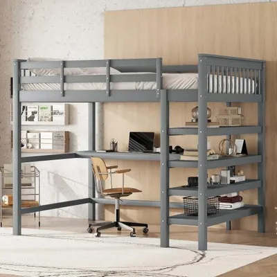Zdjęcie produktu dla Dziecięce łóżko na poddaszu z półką i biurkiem, minimalistyczny design, solidne drewno sosnowe, bezpieczne i oszczędzające miejsce, bez materaca, 140x200 cm, szare