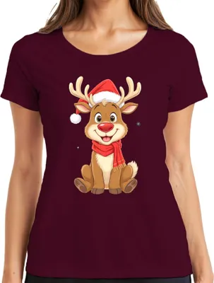 Produktbild von Weihnachtsrentier süß Kinder Cartoon Geschenk Winter Niedlich Damen T-Shirt, Burgundy, 3XL