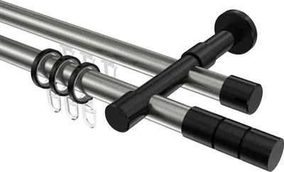 Produktbild von Interdeco Rundrohr-Innenlaufstange / Gardinenstange (Kombination) Edelstahl-Optik / Schwarz, Typ Prestige Elanto (Rillenzylinder), 20 mm Ø 2-läufig, 140 cm