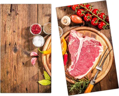 Produktbild von Spritzschutz Herdabdeckplatte Schneidebrett aus Glas T-Bone Steak im Teller 2-Teilig (60x52cm)