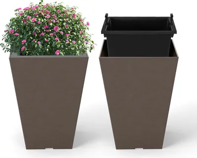 Produktbild von GOPLUS 2er Set Blumenkübel, Pflanzkübel aus Kunststoff mit herausnehmbarem Innentopf, wetterfest Pflanzgefäße für Garten, Balkon (25 x 25 x 35 cm)